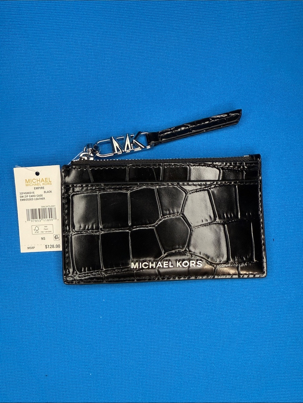 NEW / NWT MICHAEL KORS $128.00 EMPIRE EMBOSSED BLACK LEATHER SMALL ZIP CARD CASE